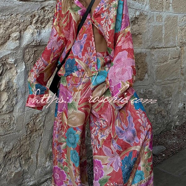 Painter's Garden Boho Floral Print  Elastic Waist Pocketed Wide Leg Pants