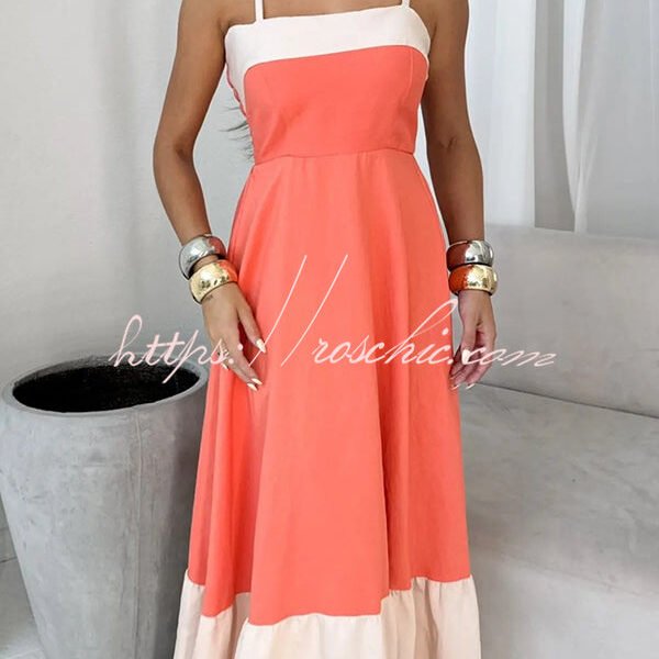 Fashionable Contrast Color Stitching Sling Maxi Dress