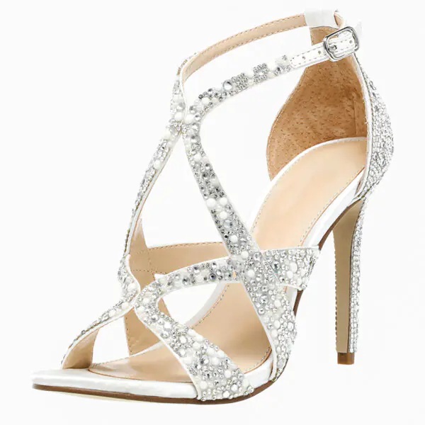 White Rhinestone Wedding Sandals Open Toe Cross Strap Sparkling Heels