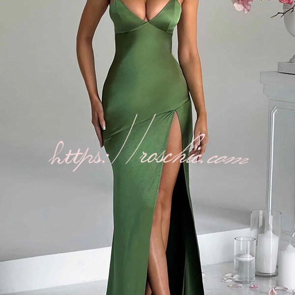Satin Solid Color Sexy Backless Lace Up High Slit Maxi Dress