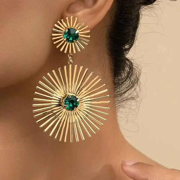 Exaggerated Emerald Rhinestone Line Metal Earrings