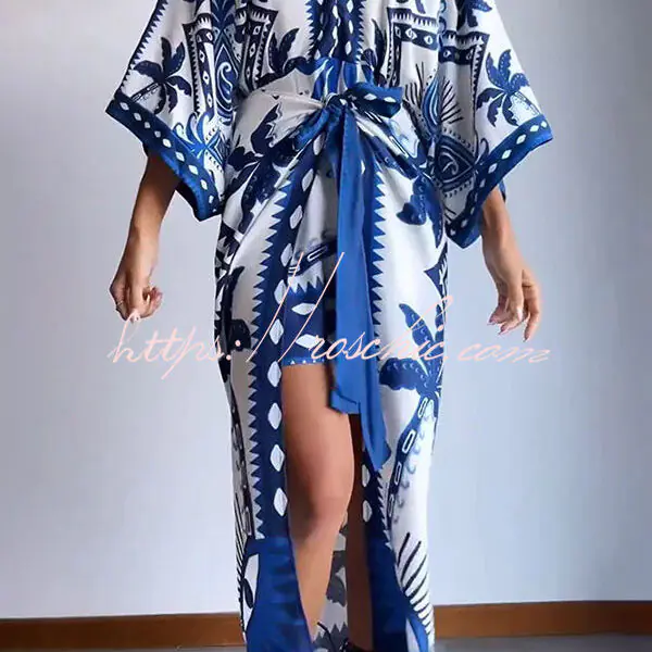 Chic Palm Tree Ethnic Print Fake Two Piece Lace Up Maxi Dress