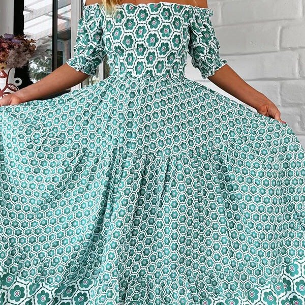 Floral Print Off-the-shoulder Puff-sleeve Pleated Maxi Dress