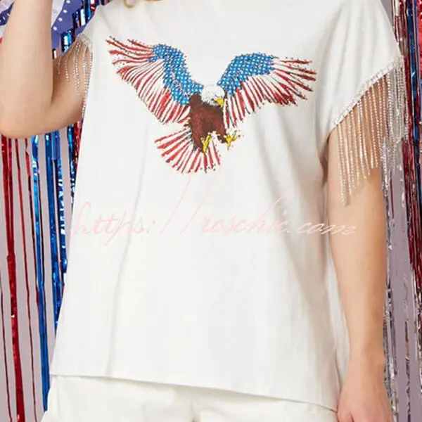 Extraordinary American Eagle Print Rhinestone Tassel Short Sleeve T-Shirt