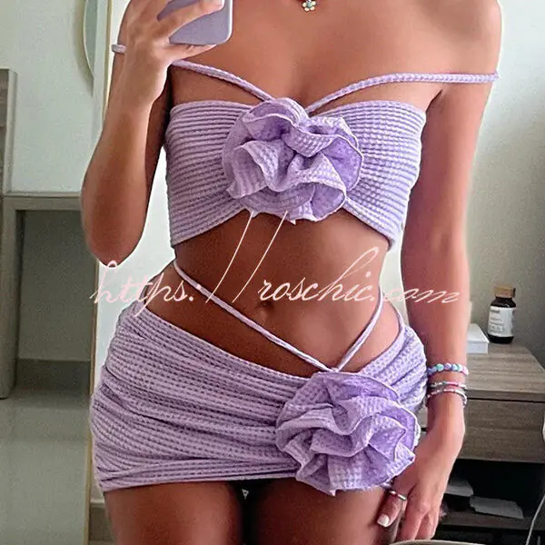 Hollow Three Dimensional Flower Suspender Three Piece Bikini Set