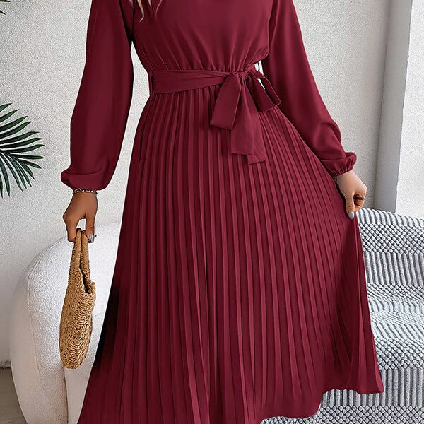 Elegant Stand-collar Long-sleeve Waisted Tie-up Pleated Midi Dress
