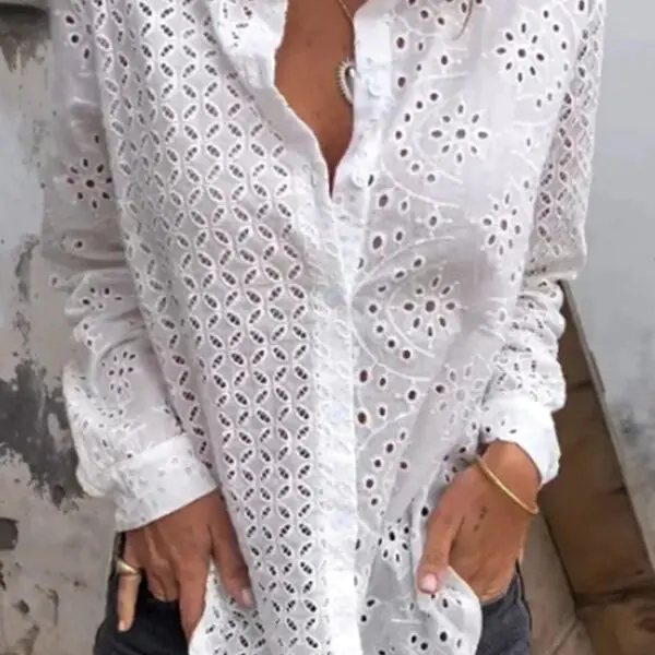 Solid Color Cutout Long-sleeved Loose Button-down Shirt