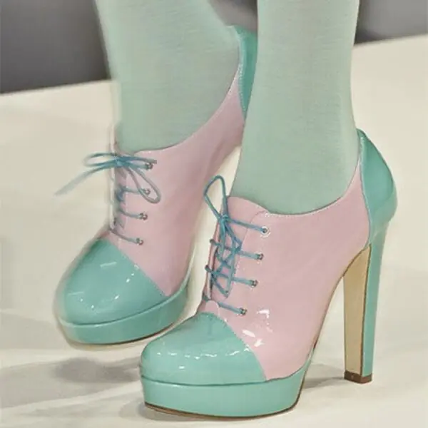 Pink and Turquoise Patent Leather Chunky Heel Platform Lace Up Boots