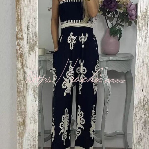 Larsen Ethnic Print Off Shooulder Smocked Bust Pocketed Jumpsuit