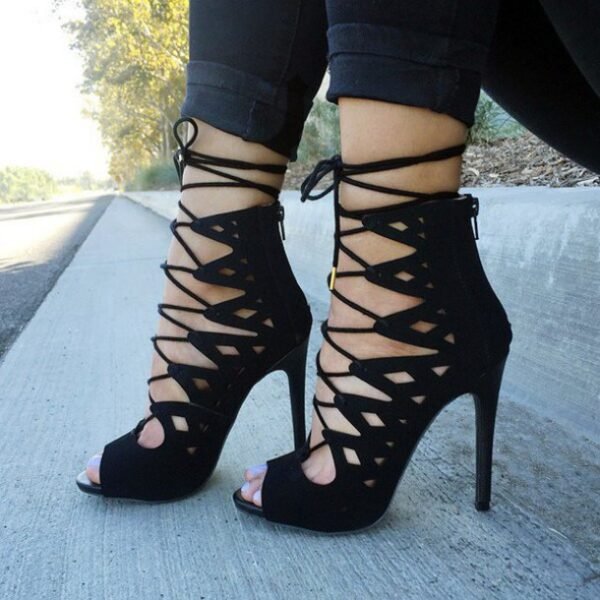 Black Vegan Suede Cut Out Lace Up Sandals Peep Toe Stiletto Heels