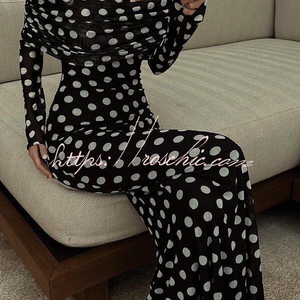 Chic Statement Polka Dot Print Off Shoulder Ruched Stretch Maxi Dress