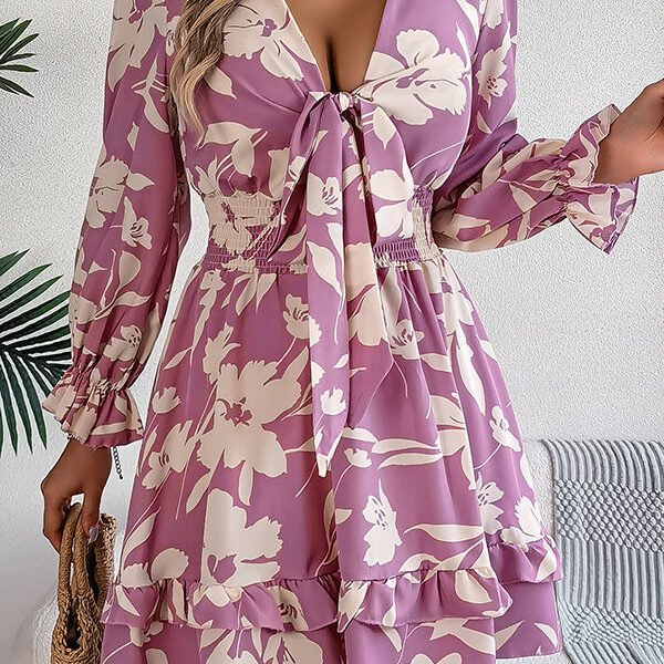 Floral Print V-neck Lace-up Long-sleeve Elastic Waist Mini Dress