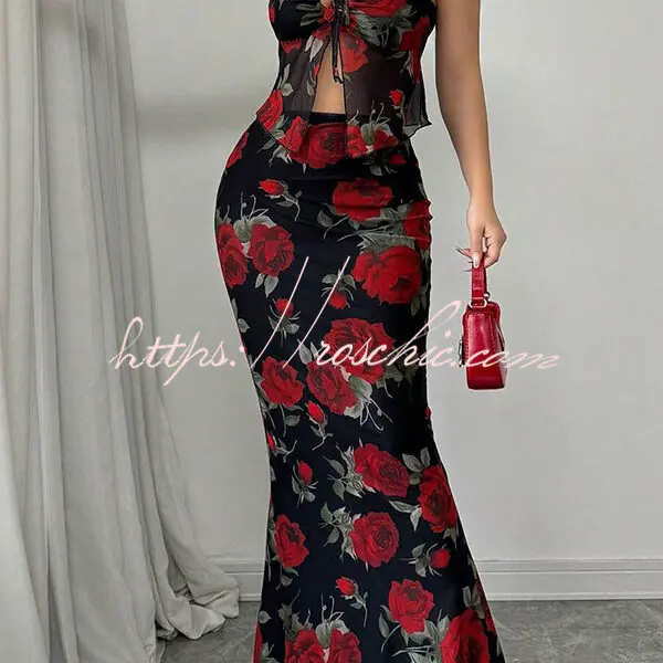 Floral Print Sexy Bandeau Lace-up Top and Slim Mesh Stretch Maxi Skirt Set