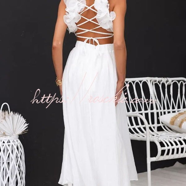 Luxe Lady Floral Ruffle Detail Back Lace-up Elastic Waist Maxi Dress