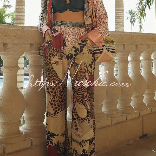 Tropical Jungle Tiger Unique Print Long Sleeve Loose Shirt and Elastic Waist Pants Set