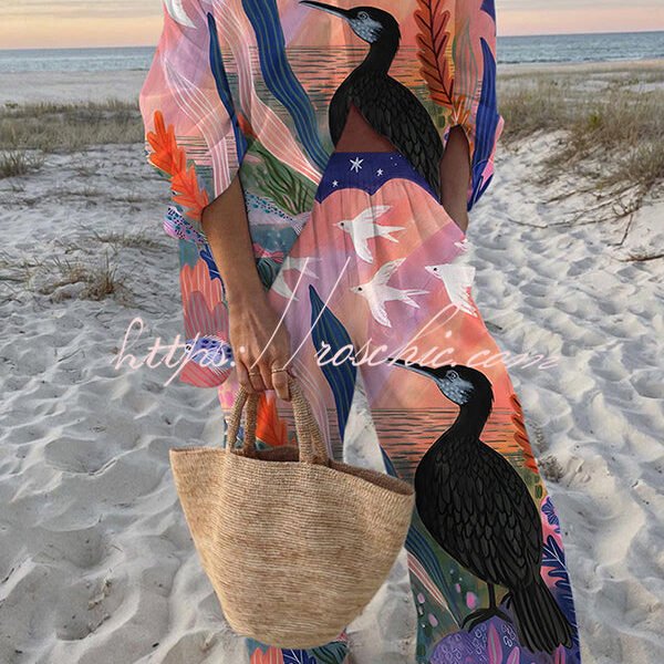 Egret Print Oversized Shirt and Elastic Waist Pocket Pants Set