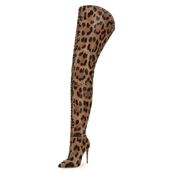 Brown Leopard Print Stiletto Heel Thigh High Boots with Rivets Decor