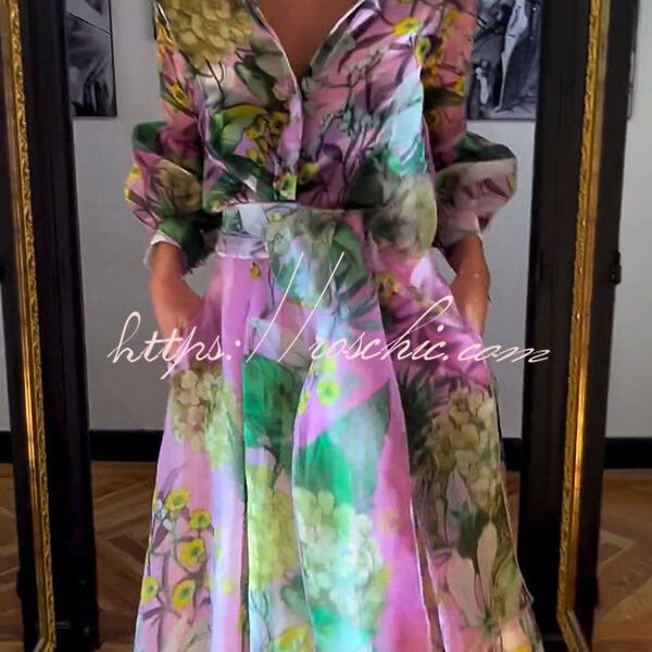 Seeds of Happiness Tulle Floral Print Balloon Sleeve Belt Blouse