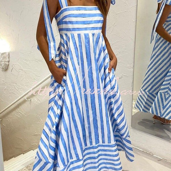 Treasured Times Stripe Print Tie-up Shoulder Pocketed A-line Maxi Dress