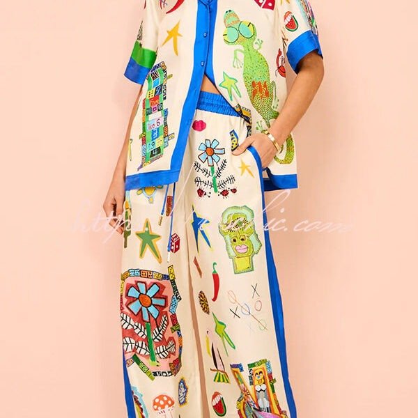 Vibrant Beach Satin Unique Print Colorblock Trim Elastic Waist Pocketed Wide Leg Pants