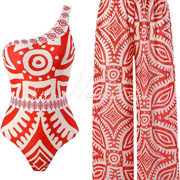 Unique printed swimsuit and elastic waist pants
