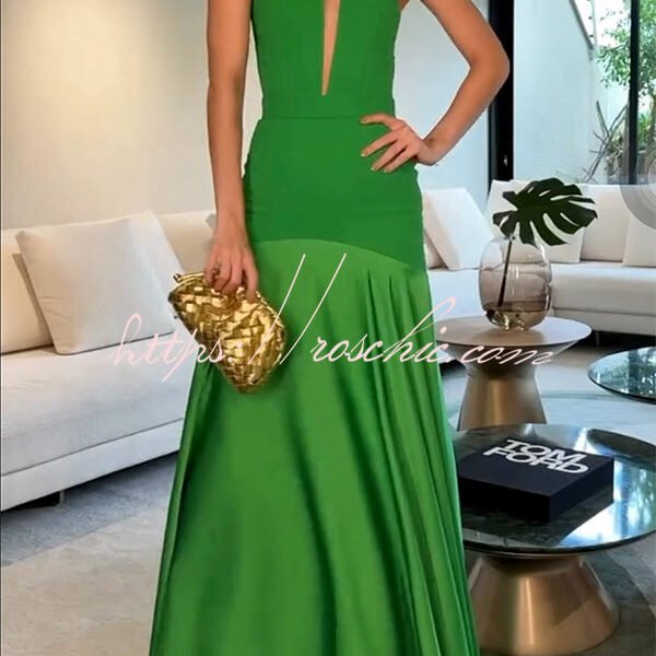 Mermaid Style Off Shoulder Sheer V-neck Satin Hem Party Maxi Dress