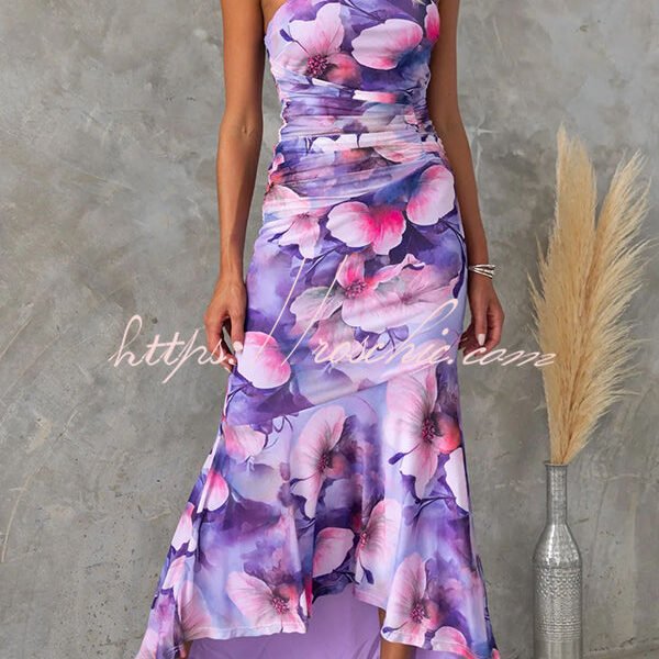 Deja Mesh Overlay Floral Print One Shoulder Ruched Stretch Maxi Dress