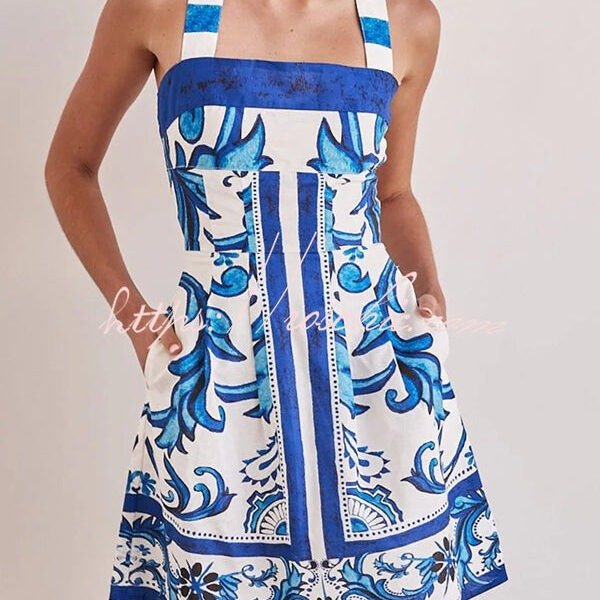 Channeling Summer Linen Blend Unique Print Wide Strap Pocketed Mini Dress