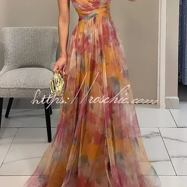 Giselle Tulle Render Floral Print Cutout Waist Back Lace-up Maxi Dress