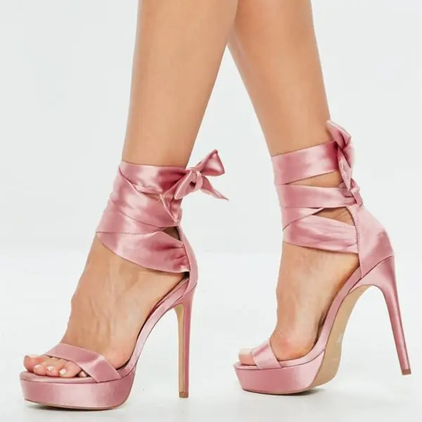 Pink Satin Strappy Stiletto Heel Platform Sandals