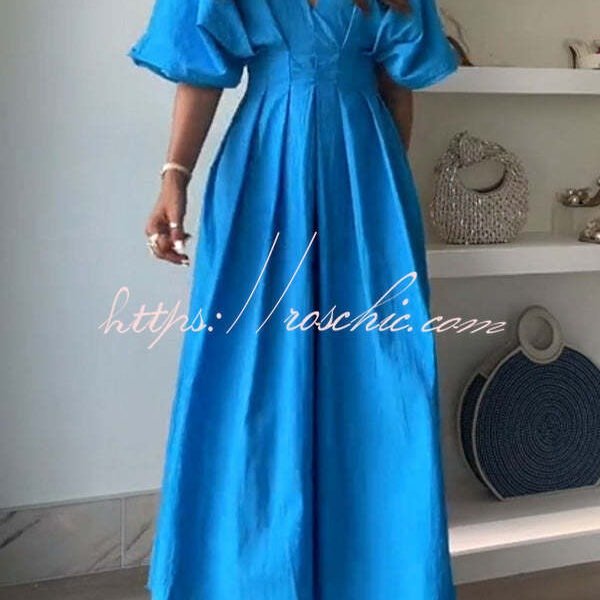 Antibes Linen Blend Princess Line Pleated Wide Puff Sleeve Midi Dress