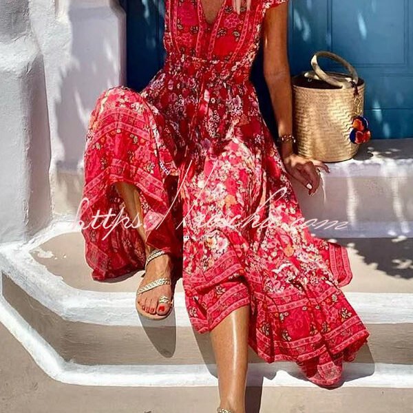 Summer in Greece Boho Print Ruffle Sleeve Elastic Waist High-low Midi Dress