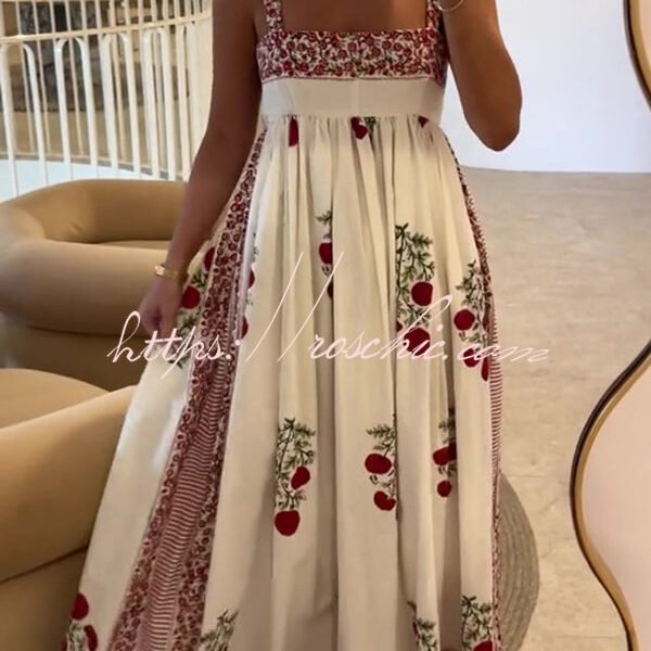 Botanical Floral Print High Waisted Wide Hem Suspender Maxi Dress