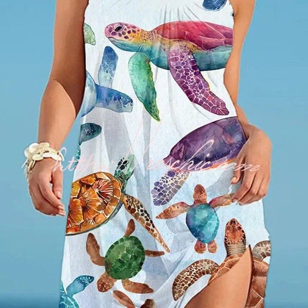 Liberty Island Ocean Turtle Printed Sling Beach Mini Dress