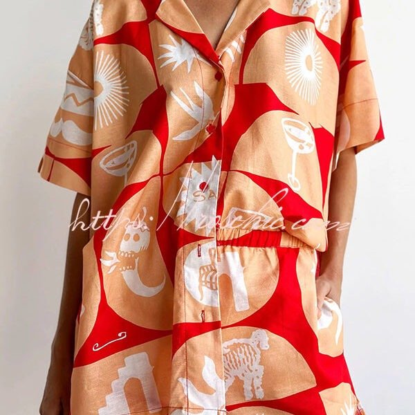 Linen Blend Unique Printed Shirt Top and Elastic Waisted Loose Pocket Shorts Set
