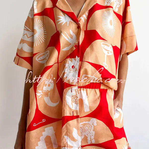 Linen Blend Unique Printed Shirt Top and Elastic Waisted Loose Pocket Shorts Set