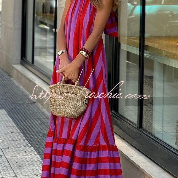 Roxane Linen Blend Striped Halter Neck A-line Maxi Dress