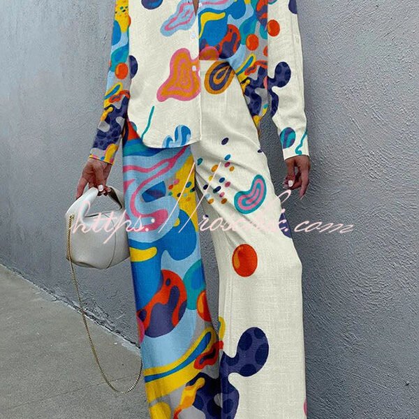 Stunning Art Print Buttoned Wide Leg Pant Suit