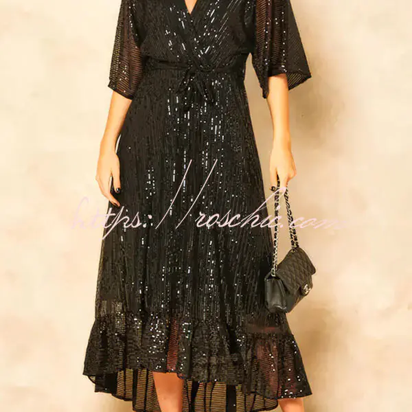 Solid Color Sequined V-neck Waist Tie Loose Maxi Dress