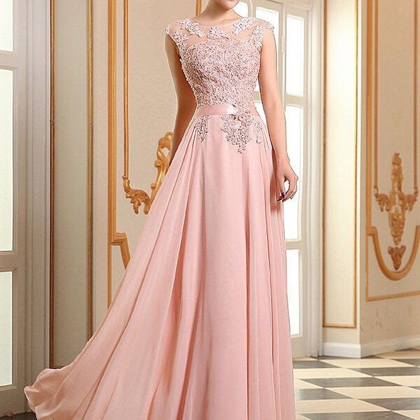Eleagnt Evening Dresses Soft Pink Lace Applique Evening Dresses Chiffon Sleeveless Sash Floor Length Formal Gowns