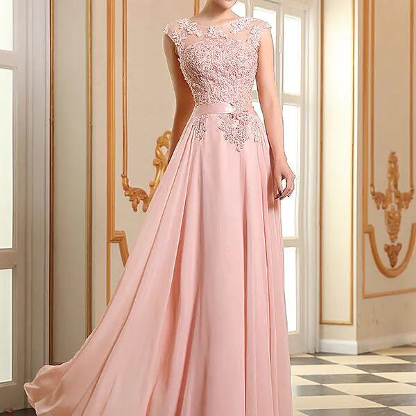 Eleagnt Evening Dresses Soft Pink Lace Applique Evening Dresses Chiffon Sleeveless Sash Floor Length Formal Gowns