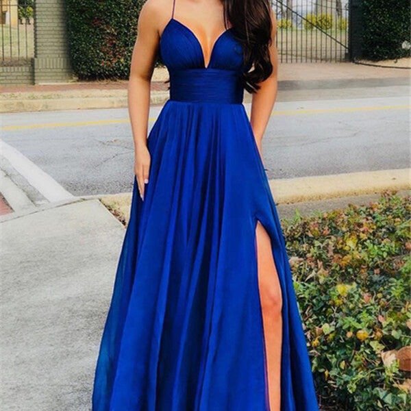 Elegant A-Line Spaghetti Straps Sleeveless Side Slit Evening Dresses