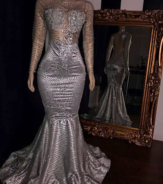 Elegant Appliques Sheer Tulle Prom Dresses Sliver Long Sleevess Mermaid Evening Gowns