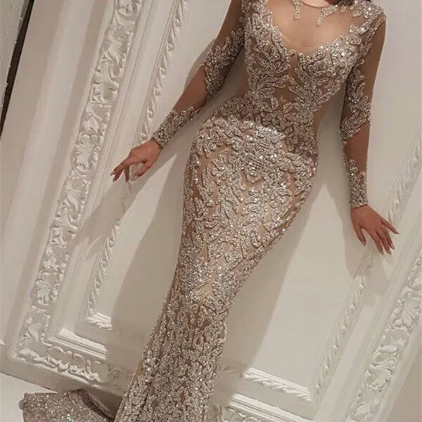 Elegant Long Sleeves Charming Prom Dresses Wholesale Fit and Flare Beads Evening Gowns with Nude Lining
