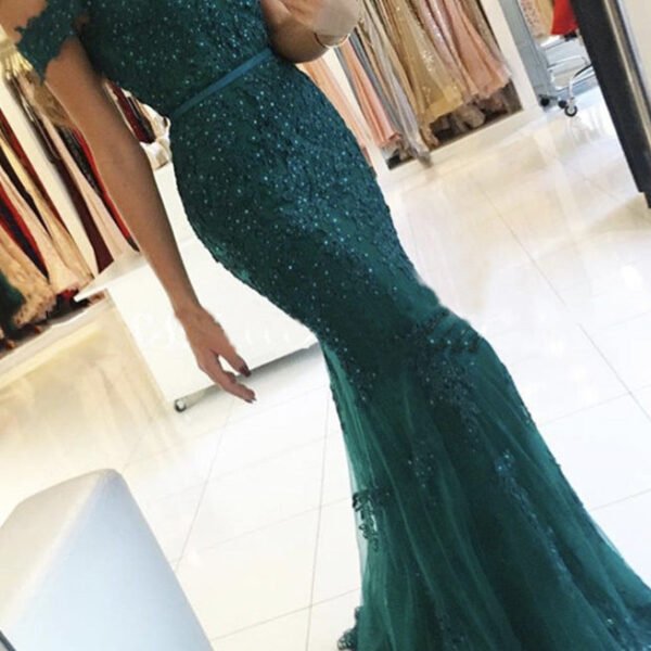 Elegant Tulle Off-the-shoulder Green Mermaid Evening Dress Sequins Lace Long