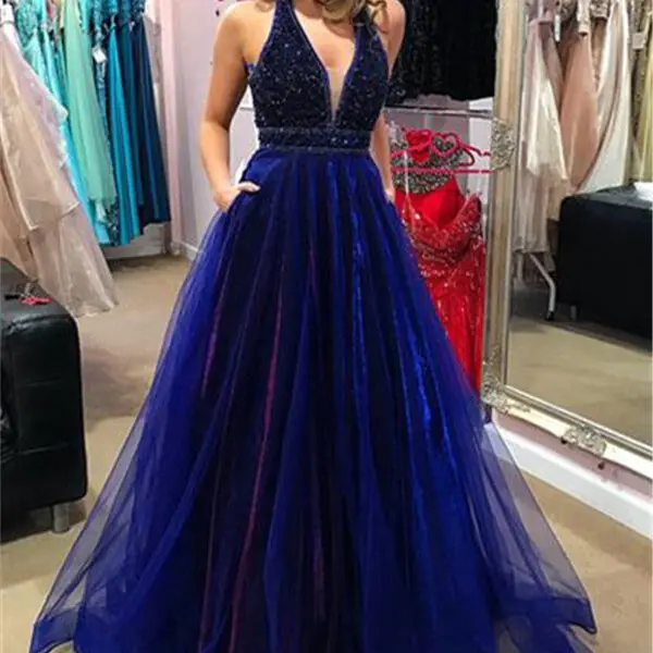 Elegant V-Neck Evening Dress Prom Party Gowns with Beadings