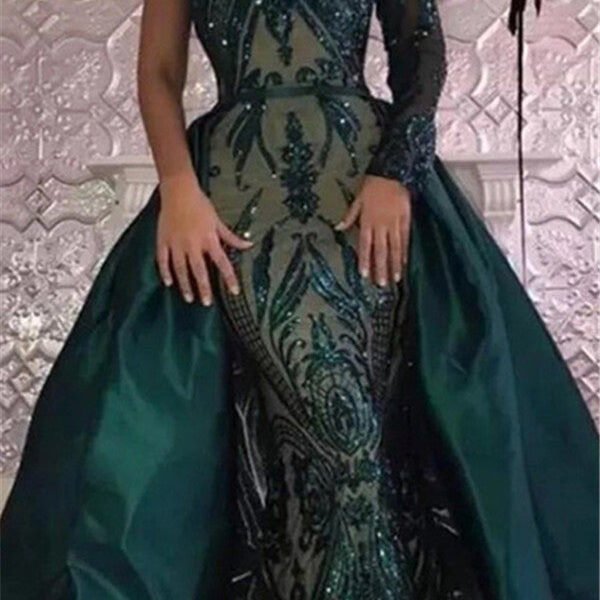 Emerald green Long Sleevess Mermaid One Shoulder Sequins Evening Dresses with Overskirt