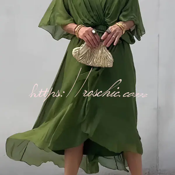 Solid Color V-neck Bat Sleeve Lace-up Irregular Hem Midi Dress