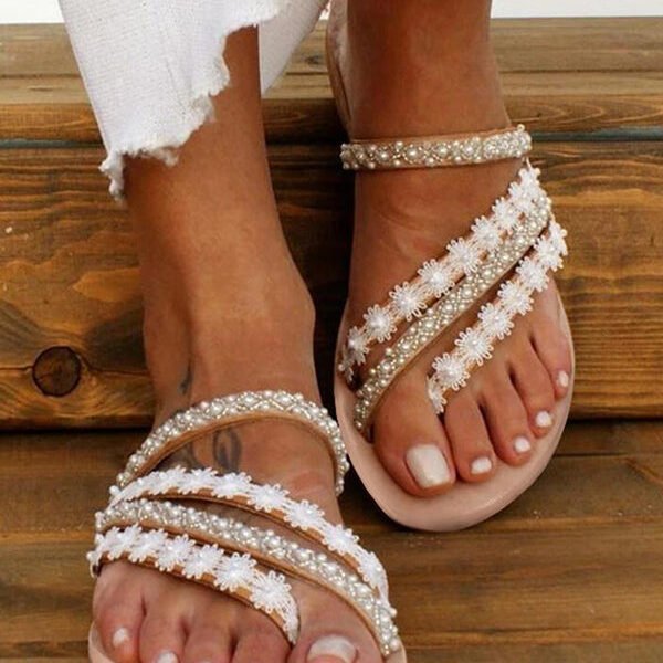 Beaded Lace Flat Slippers with Round Toe