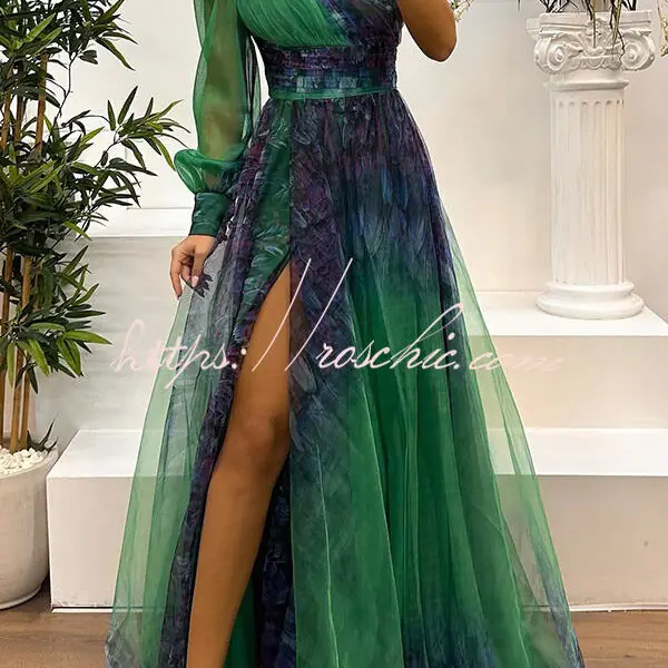 Guest List Tulle Printed Flower Pendant One Shoulder Pleated Slit Maxi Dress